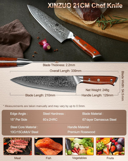 10 Inch Damascus Chef Knife Kitchen Knife Sharp Gyuto Knife Stainless Steel Fashion Professional Chef's Knife with Rosewood Handle