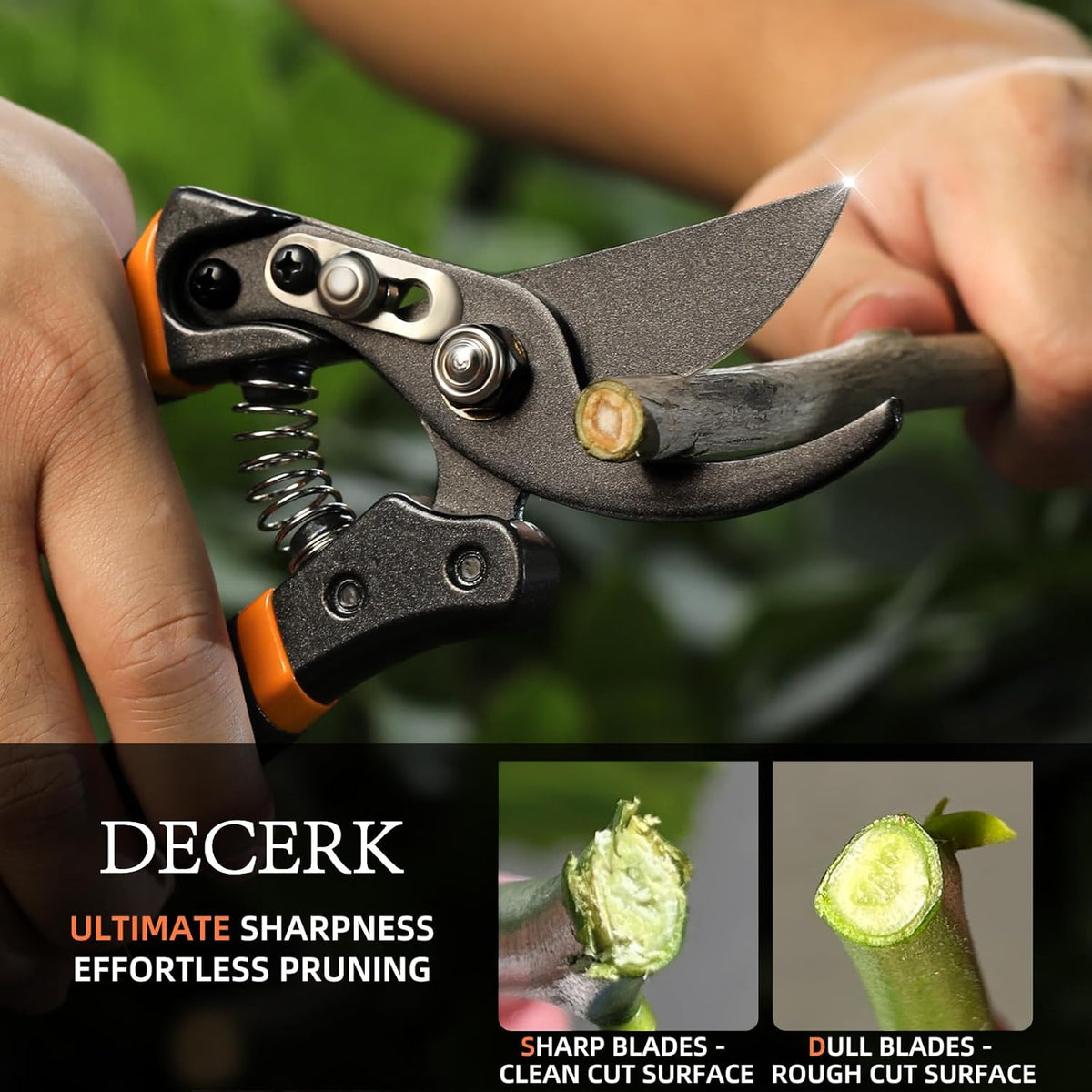 DECERK® 8.5" Professional Pruning Shears - Cuts 4X Easier with Ultra Sharp Japanese Steel Titanium Blade, Arthritis Friendly Garden Scissors & Plant Clippers, Effortlessly Prunes 3/4" Branches