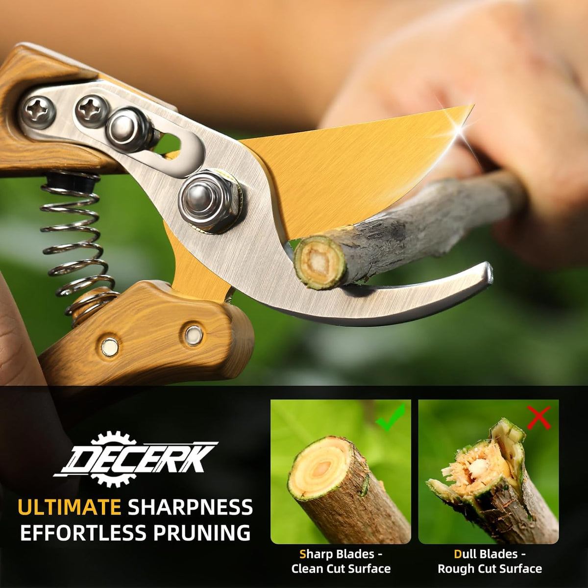 DECERK® 8.5" Professional Pruning Shears - Cuts 4X Easier with Ultra Sharp Japanese Steel Titanium Blade, Arthritis Friendly Garden Scissors & Plant Clippers, Effortlessly Prunes 3/4" Branches