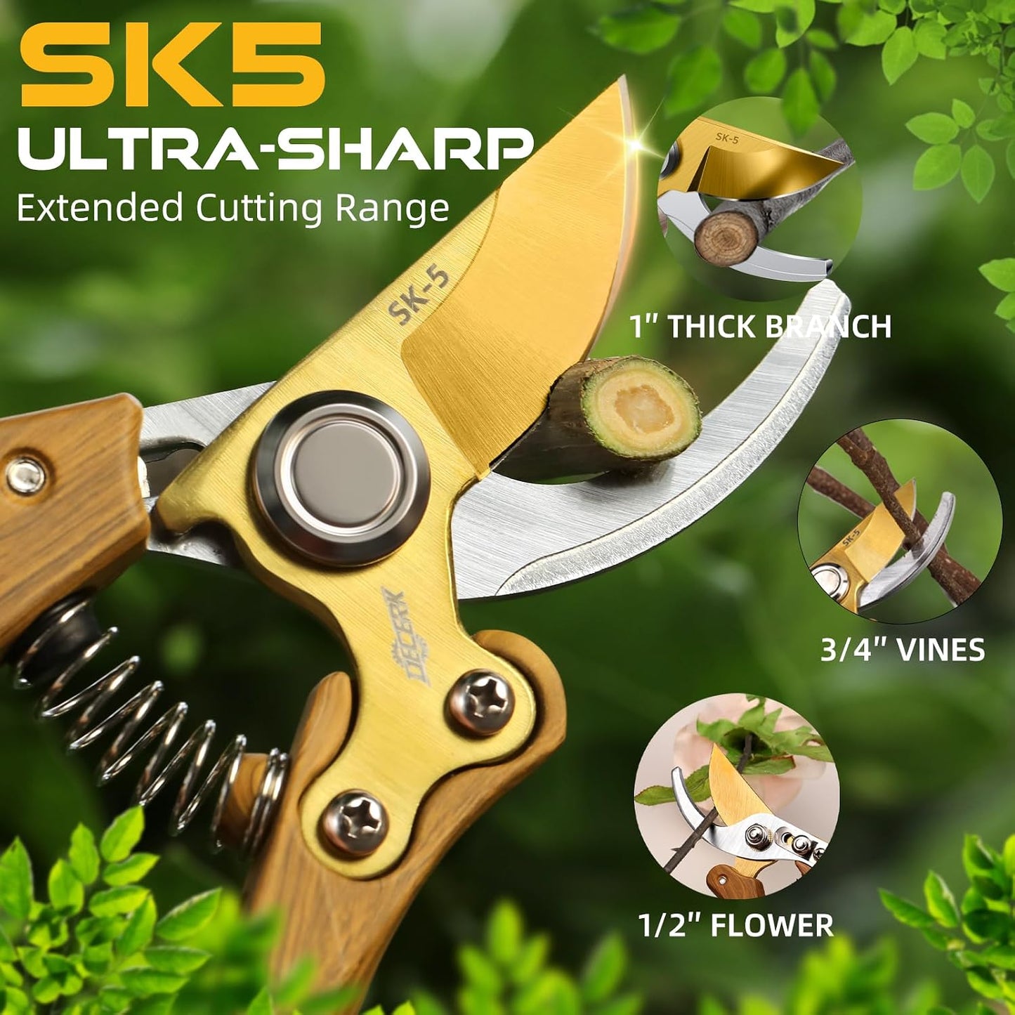 DECERK® 8.5" Professional Pruning Shears - Cuts 4X Easier with Ultra Sharp Japanese Steel Titanium Blade, Arthritis Friendly Garden Scissors & Plant Clippers, Effortlessly Prunes 3/4" Branches