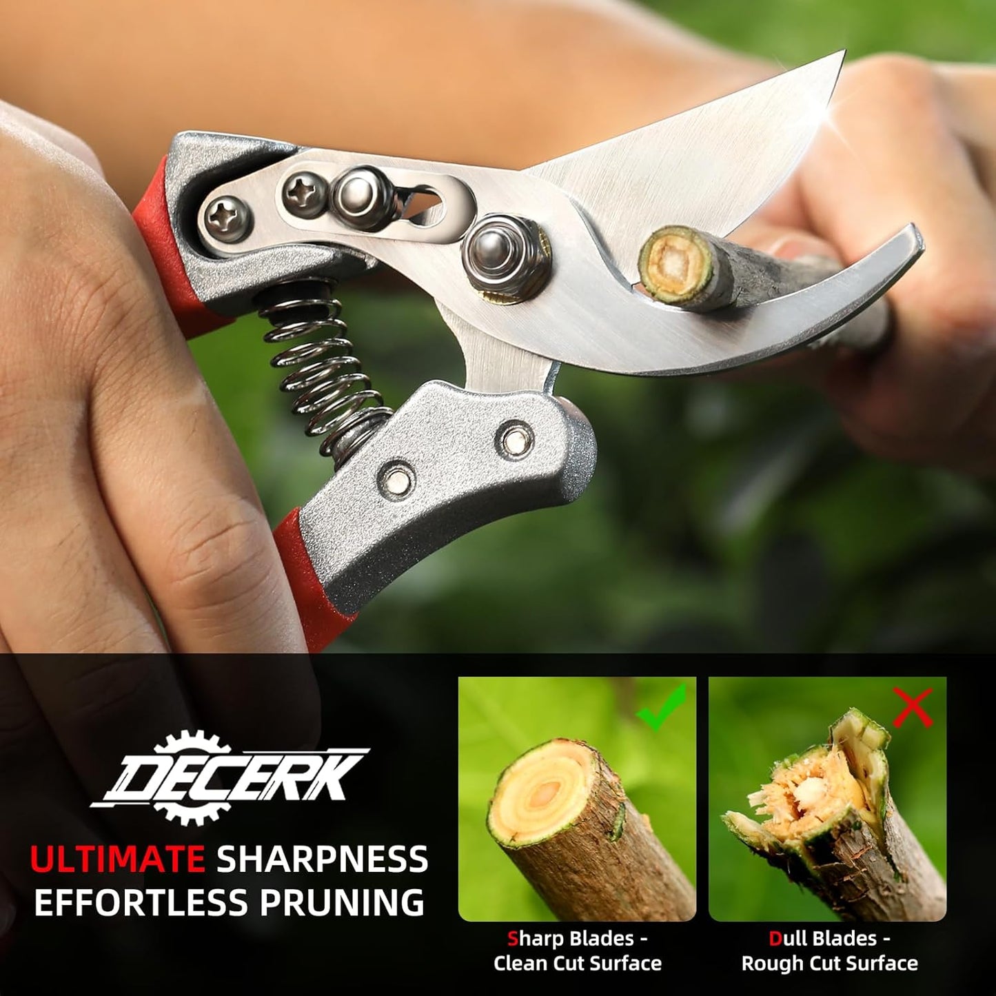 DECERK® 8.5" Professional Pruning Shears - Cuts 4X Easier with Ultra Sharp Japanese Steel Titanium Blade, Arthritis Friendly Garden Scissors & Plant Clippers, Effortlessly Prunes 3/4" Branches
