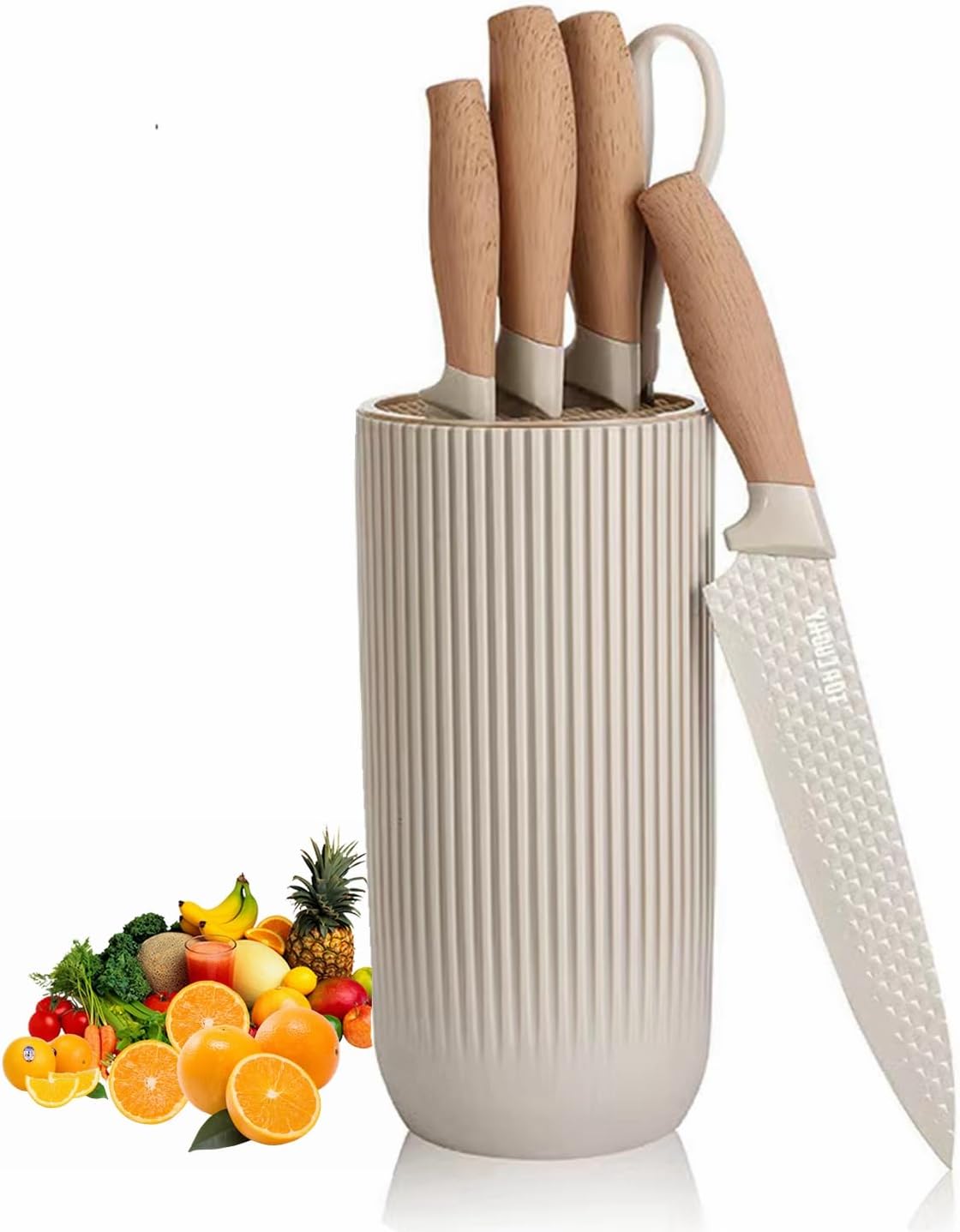 6-Pieces Khaki Wooden Coating Stainless Steel Kitchen Knife Set with Block | Light Wood Grain Handle, Non-Stick, Sharp Blade, Ergonomic Chef Knife Set with Cylindrical Knife Block, Gift for Home Cooking