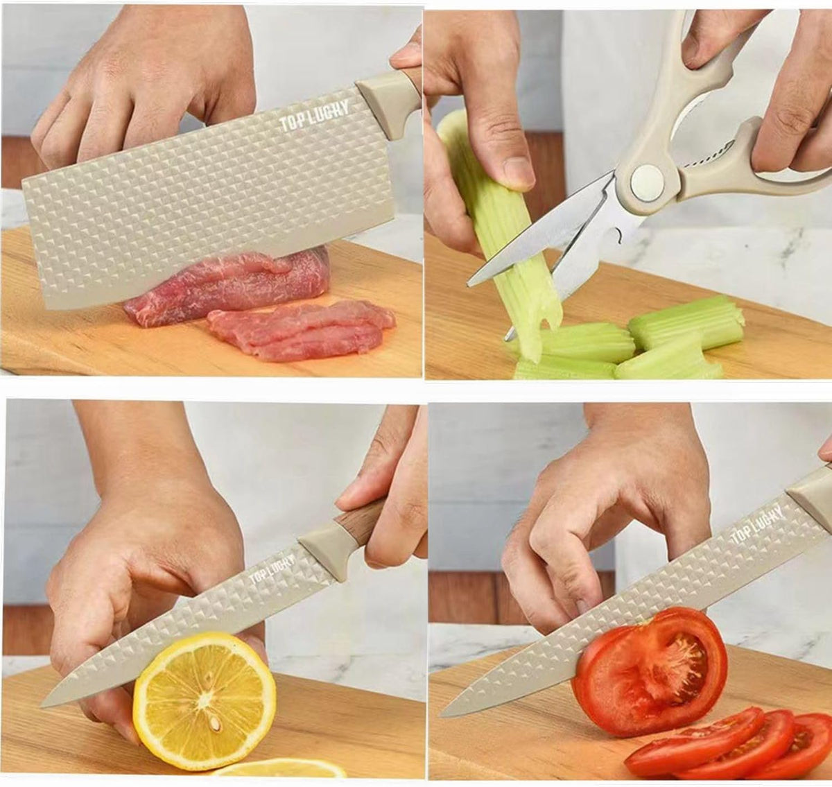 6-Pieces Khaki Wooden Coating Stainless Steel Kitchen Knife Set with Block | Light Wood Grain Handle, Non-Stick, Sharp Blade, Ergonomic Chef Knife Set with Cylindrical Knife Block, Gift for Home Cooking