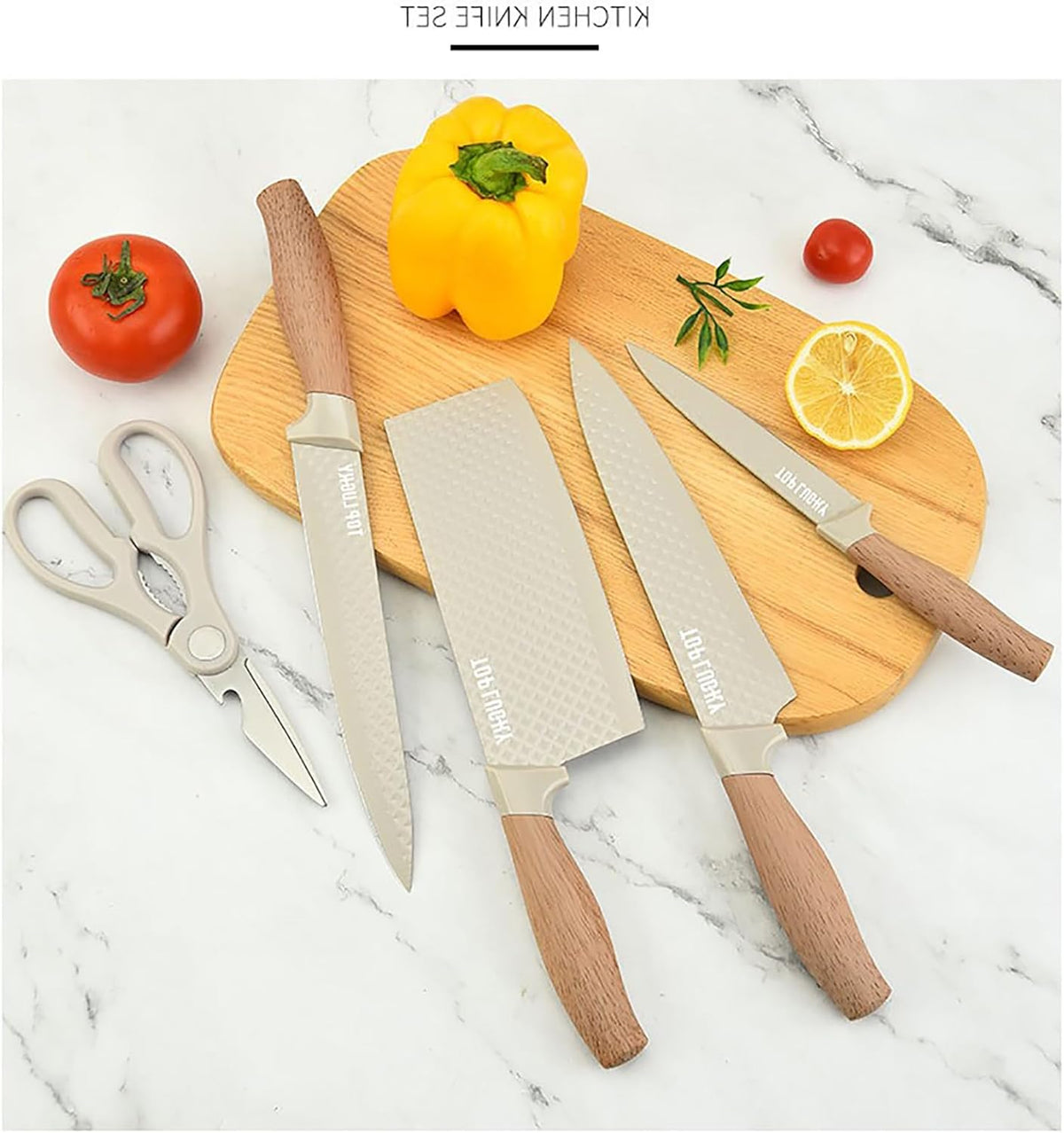 6-Pieces Khaki Wooden Coating Stainless Steel Kitchen Knife Set with Block | Light Wood Grain Handle, Non-Stick, Sharp Blade, Ergonomic Chef Knife Set with Cylindrical Knife Block, Gift for Home Cooking