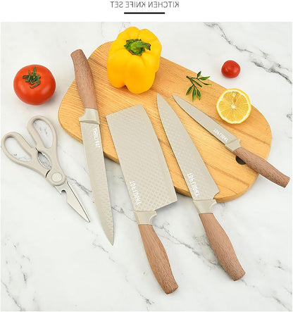 6-Pieces Khaki Wooden Coating Stainless Steel Kitchen Knife Set with Block | Light Wood Grain Handle, Non-Stick, Sharp Blade, Ergonomic Chef Knife Set with Cylindrical Knife Block, Gift for Home Cooking