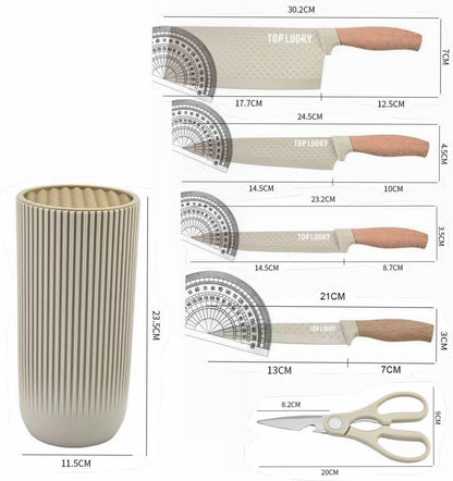 6-Pieces Khaki Wooden Coating Stainless Steel Kitchen Knife Set with Block | Light Wood Grain Handle, Non-Stick, Sharp Blade, Ergonomic Chef Knife Set with Cylindrical Knife Block, Gift for Home Cooking