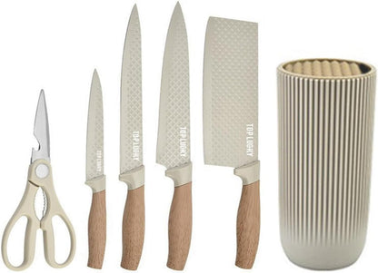 6-Pieces Khaki Wooden Coating Stainless Steel Kitchen Knife Set with Block | Light Wood Grain Handle, Non-Stick, Sharp Blade, Ergonomic Chef Knife Set with Cylindrical Knife Block, Gift for Home Cooking