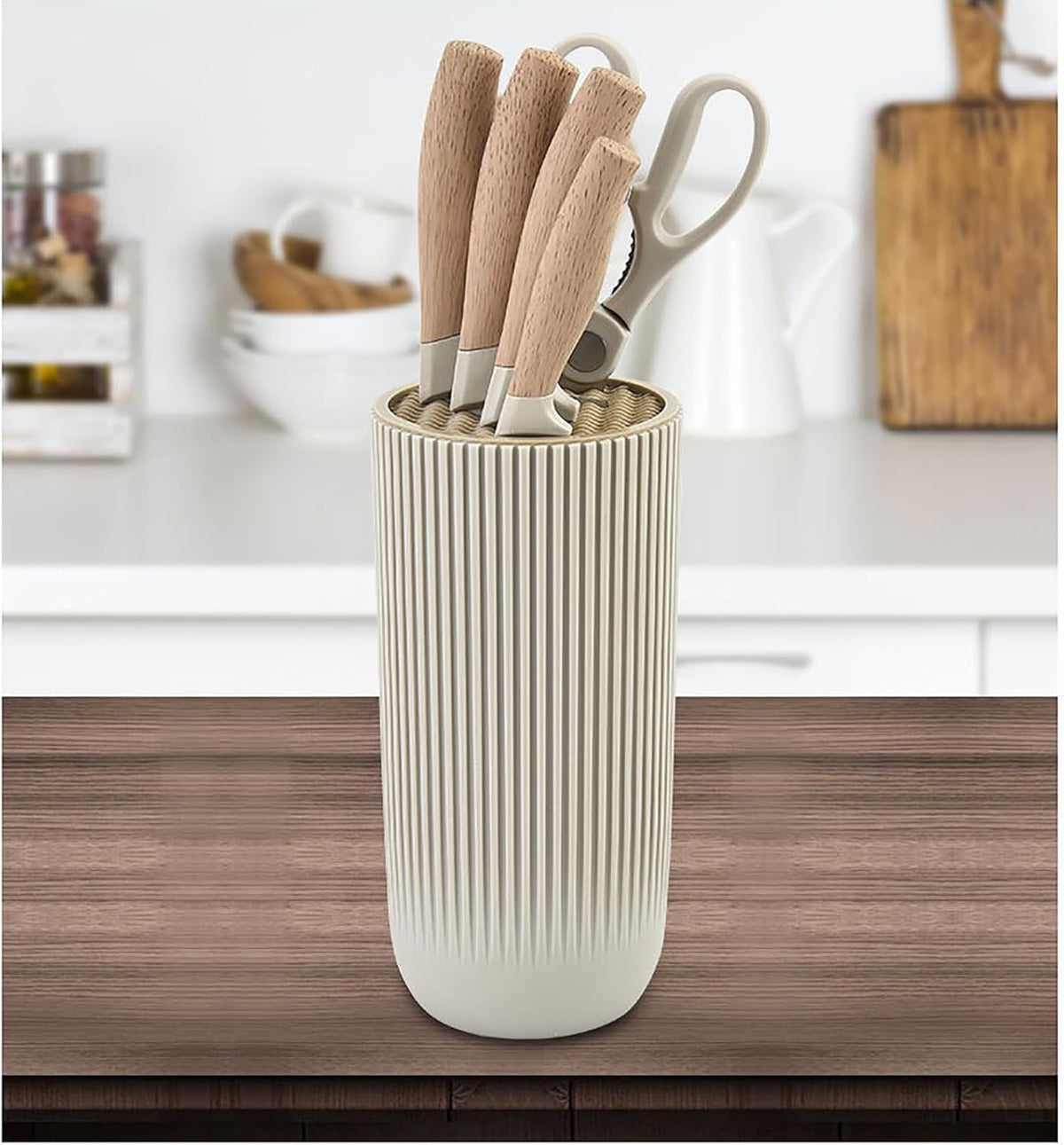 6-Pieces Khaki Wooden Coating Stainless Steel Kitchen Knife Set with Block | Light Wood Grain Handle, Non-Stick, Sharp Blade, Ergonomic Chef Knife Set with Cylindrical Knife Block, Gift for Home Cooking