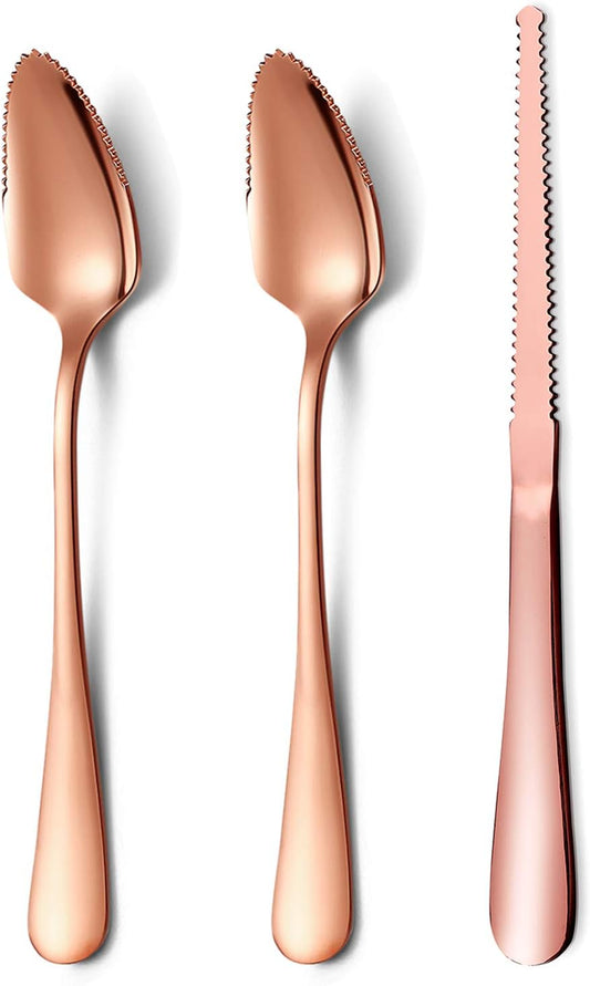 Rose Gold Grapefruit Spoons 3 Pieces Set, 2 Stainless Steel Grapefruit Spoon And 1 Grapefruit knife With Titanium Plating, Grapefruit Utensil Set, Serrated Edges Spoon pack of 3