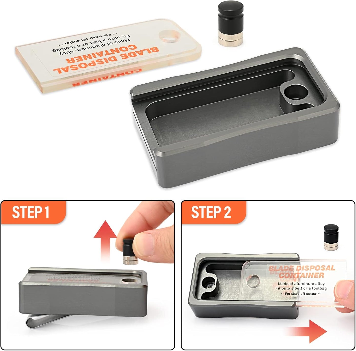 Portable Blade Snap Off Box Razor Disposal Container Storage Bank, Safety to Dispose of Most 9mm 18mm Utility Knife Blades, Aluminum Alloy Blades Breaker with Magnet and Clip