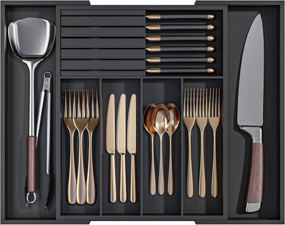 Utensil Organizer Silverware Tray for Drawer - Bamboo Knife Drawer Organizer Expandable Cutlery Organizer in Drawer Knife Block W12.8-20.2" x L16 x H2 (Black)