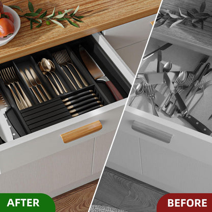 Utensil Organizer Silverware Tray for Drawer - Bamboo Knife Drawer Organizer Expandable Cutlery Organizer in Drawer Knife Block W12.8-20.2" x L16 x H2 (Black)