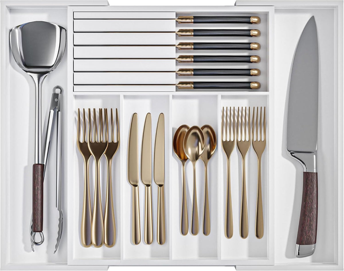 Utensil Organizer Silverware Tray for Drawer - Bamboo Knife Drawer Organizer Expandable Cutlery Organizer in Drawer Knife Block W12.8-20.2" x L16 x H2 (Black)