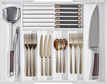 Utensil Organizer Silverware Tray for Drawer - Bamboo Knife Drawer Organizer Expandable Cutlery Organizer in Drawer Knife Block W12.8-20.2" x L16 x H2 (Black)