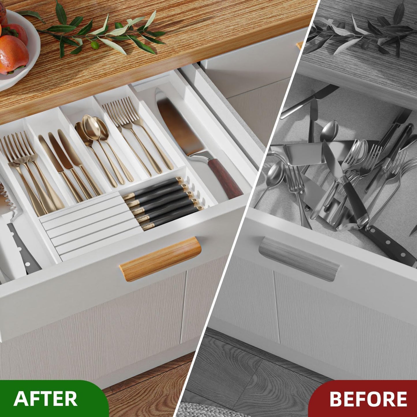 Utensil Organizer Silverware Tray for Drawer - Bamboo Knife Drawer Organizer Expandable Cutlery Organizer in Drawer Knife Block W12.8-20.2" x L16 x H2 (Black)