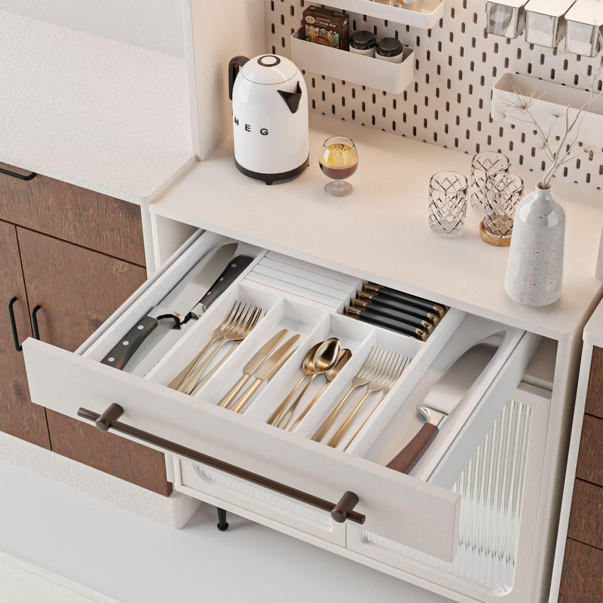 Utensil Organizer Silverware Tray for Drawer - Bamboo Knife Drawer Organizer Expandable Cutlery Organizer in Drawer Knife Block W12.8-20.2" x L16 x H2 (Black)