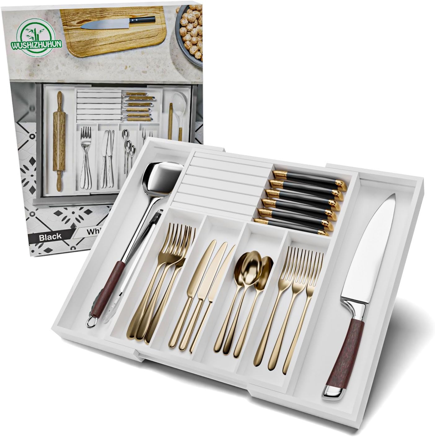 Utensil Organizer Silverware Tray for Drawer - Bamboo Knife Drawer Organizer Expandable Cutlery Organizer in Drawer Knife Block W12.8-20.2" x L16 x H2 (Black)