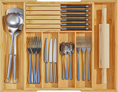 Utensil Organizer Silverware Tray for Drawer - Bamboo Knife Drawer Organizer Expandable Cutlery Organizer in Drawer Knife Block W12.8-20.2" x L16 x H2 (Black)