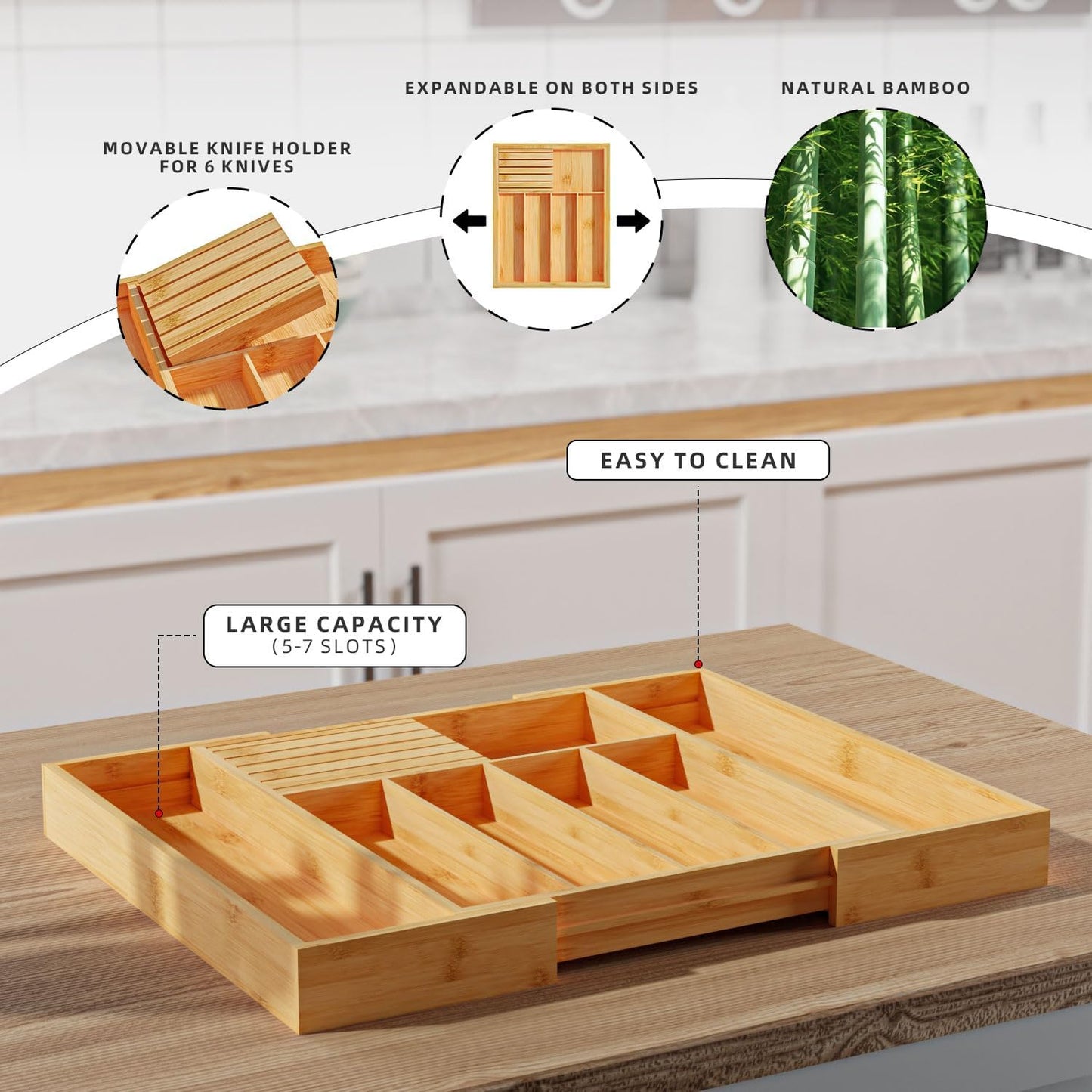 Utensil Organizer Silverware Tray for Drawer - Bamboo Knife Drawer Organizer Expandable Cutlery Organizer in Drawer Knife Block W12.8-20.2" x L16 x H2 (Black)