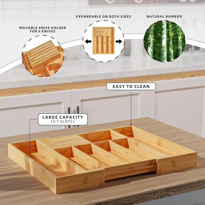 Utensil Organizer Silverware Tray for Drawer - Bamboo Knife Drawer Organizer Expandable Cutlery Organizer in Drawer Knife Block W12.8-20.2" x L16 x H2 (Black)