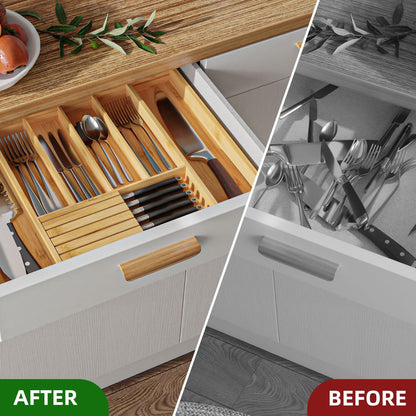 Utensil Organizer Silverware Tray for Drawer - Bamboo Knife Drawer Organizer Expandable Cutlery Organizer in Drawer Knife Block W12.8-20.2" x L16 x H2 (Black)