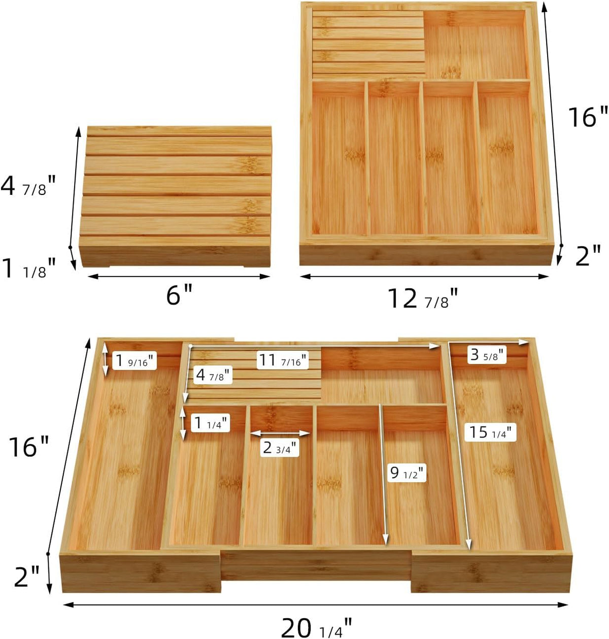 Utensil Organizer Silverware Tray for Drawer - Bamboo Knife Drawer Organizer Expandable Cutlery Organizer in Drawer Knife Block W12.8-20.2" x L16 x H2 (Black)