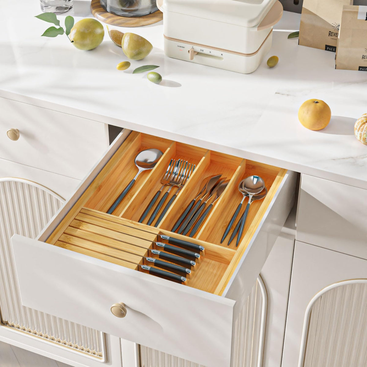 Utensil Organizer Silverware Tray for Drawer - Bamboo Knife Drawer Organizer Expandable Cutlery Organizer in Drawer Knife Block W12.8-20.2" x L16 x H2 (Black)