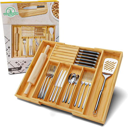 Utensil Organizer Silverware Tray for Drawer - Bamboo Knife Drawer Organizer Expandable Cutlery Organizer in Drawer Knife Block W12.8-20.2" x L16 x H2 (Black)