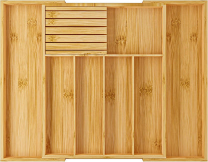 Utensil Organizer Silverware Tray for Drawer - Bamboo Knife Drawer Organizer Expandable Cutlery Organizer in Drawer Knife Block W12.8-20.2" x L16 x H2 (Black)