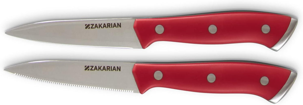 Zakarian 2 Piece Chef Grade German Steel Paring Knife Set with Smooth and Serrated Blades for Chopping, Dicing, Mincing, Slicing and More – Cranberry