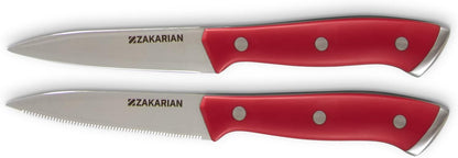 Zakarian 2 Piece Chef Grade German Steel Paring Knife Set with Smooth and Serrated Blades for Chopping, Dicing, Mincing, Slicing and More – Cranberry