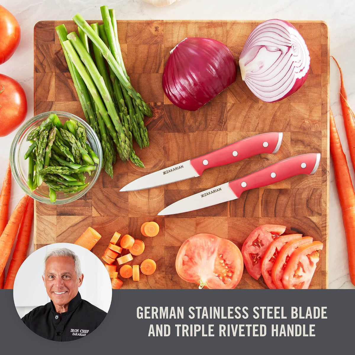 Zakarian 2 Piece Chef Grade German Steel Paring Knife Set with Smooth and Serrated Blades for Chopping, Dicing, Mincing, Slicing and More – Cranberry