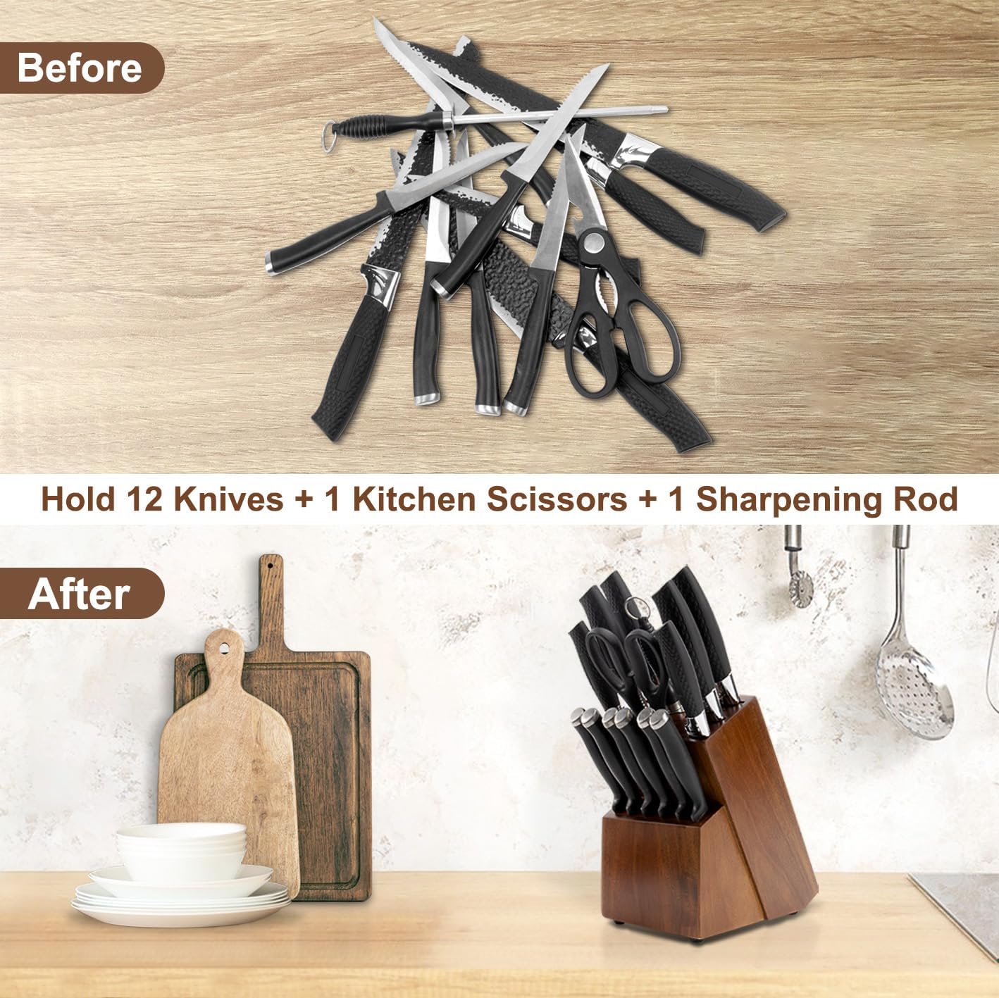 Universal Knife Block Without Knives - 14 Slot Wooden Knife Holder for Countertop, Large Bamboo Knife Storage Organizer, Butcher Block Knife Stand for Kitchen