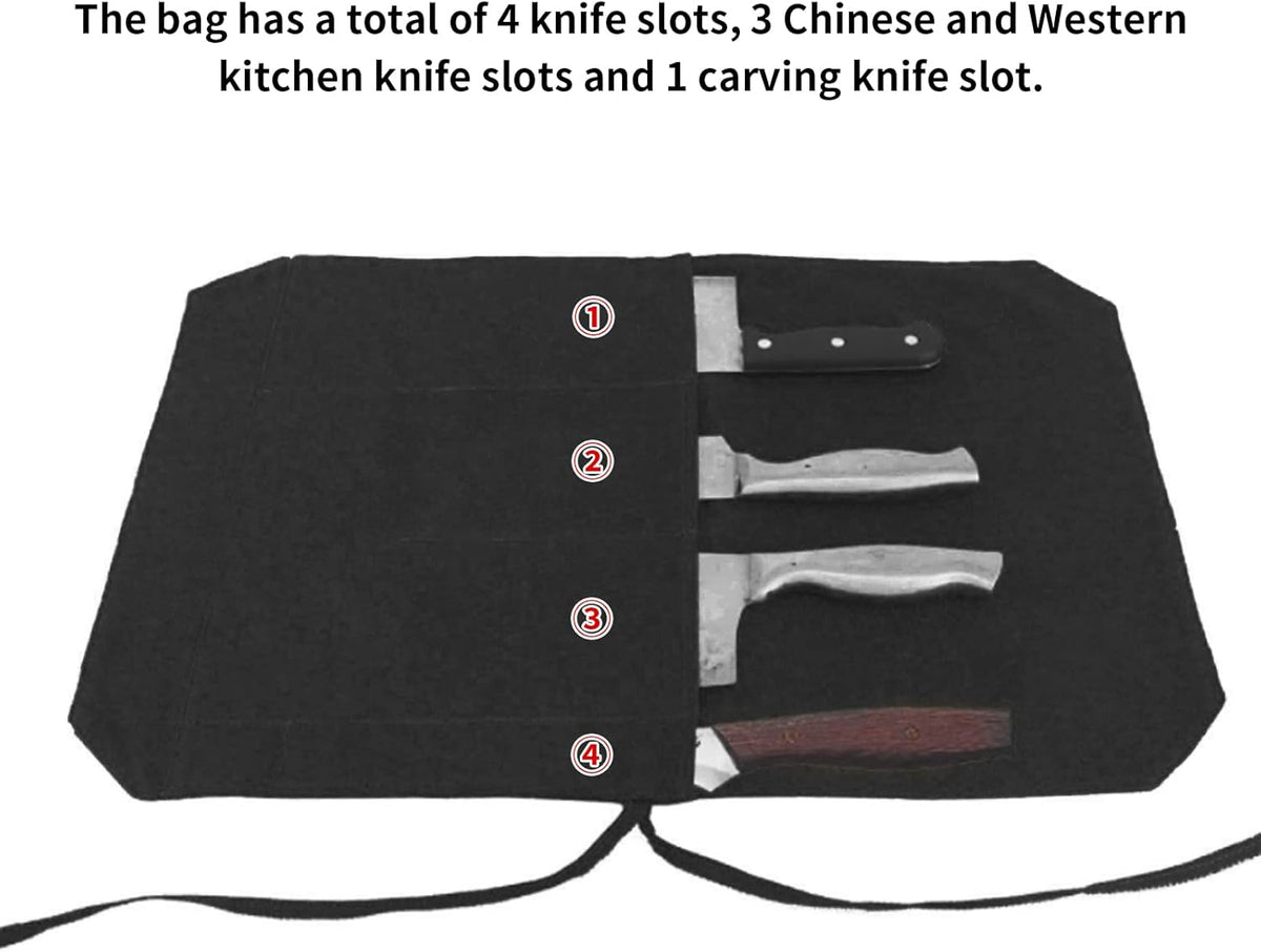 4 Slot Heavy Duty Knife Roll Bag, Portable and Durable 16A Canvas Knife for Chefs, Cooks and Culinary Students (Black)