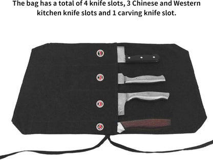 4 Slot Heavy Duty Knife Roll Bag, Portable and Durable 16A Canvas Knife for Chefs, Cooks and Culinary Students (Black)
