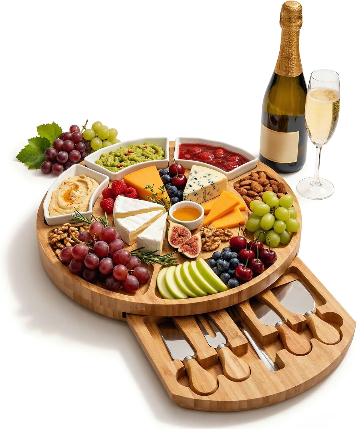 13 Inch Bamboo Cheese Board and Knife Set, Round Charcuterie Boards with Bowls, Cheese Cutting Platter Serving Tray for Housewarming, Party, Picnic, 13” x 1.5”