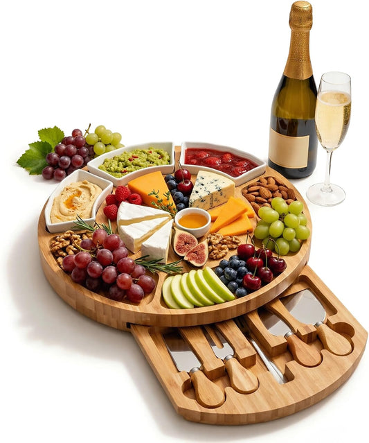 13 Inch Bamboo Cheese Board and Knife Set, Round Charcuterie Boards with Bowls, Cheese Cutting Platter Serving Tray for Housewarming, Party, Picnic, 13” x 1.5”
