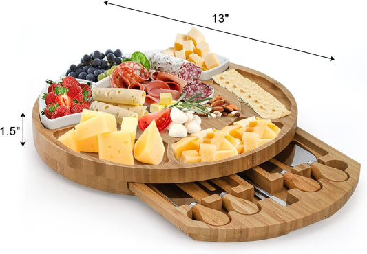 13 Inch Bamboo Cheese Board and Knife Set, Round Charcuterie Boards with Bowls, Cheese Cutting Platter Serving Tray for Housewarming, Party, Picnic, 13” x 1.5”