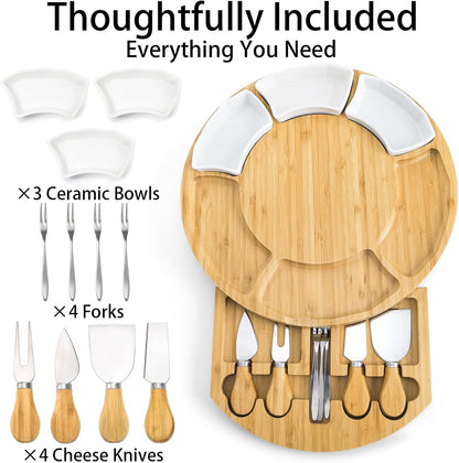 13 Inch Bamboo Cheese Board and Knife Set, Round Charcuterie Boards with Bowls, Cheese Cutting Platter Serving Tray for Housewarming, Party, Picnic, 13” x 1.5”