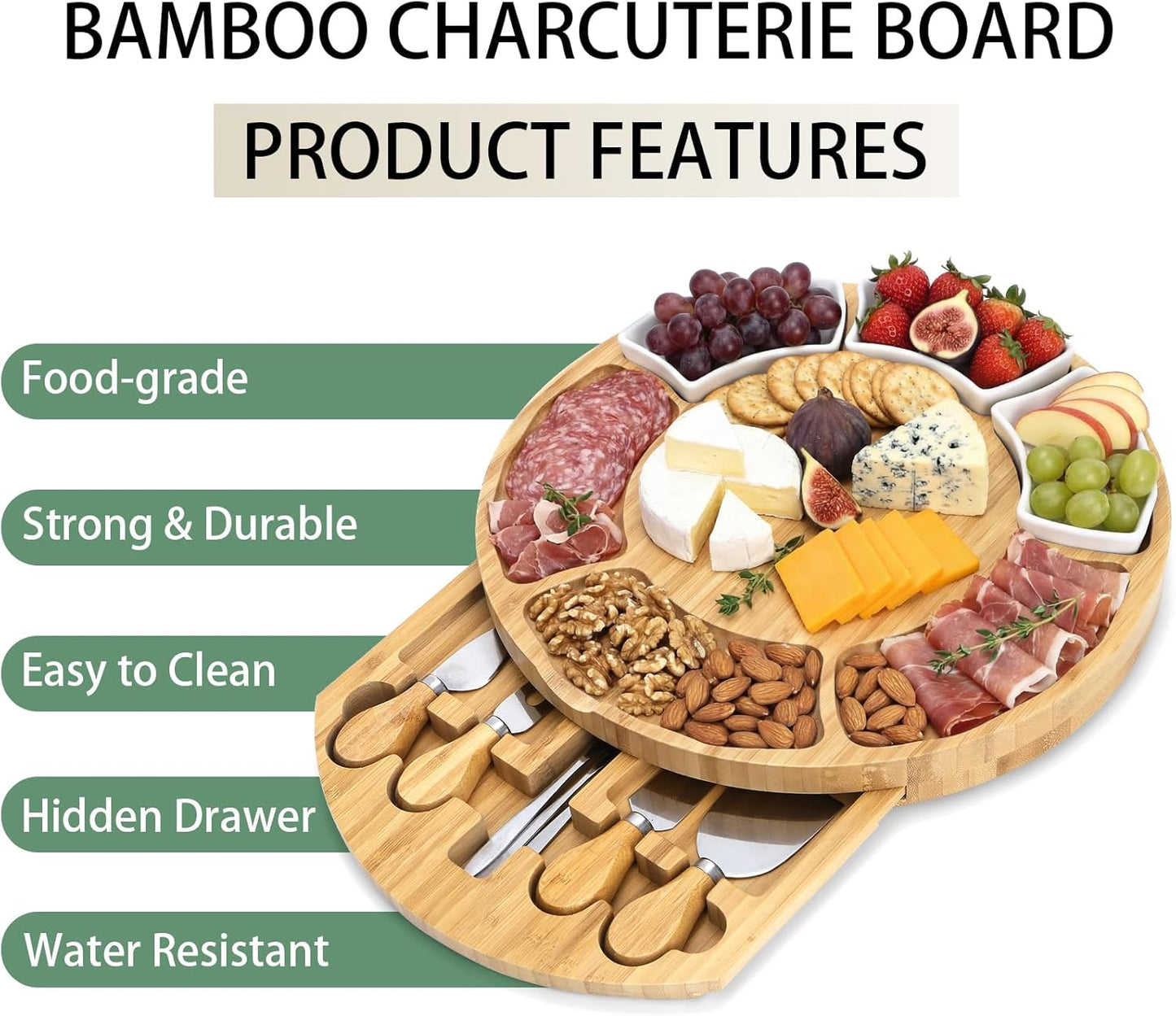 13 Inch Bamboo Cheese Board and Knife Set, Round Charcuterie Boards with Bowls, Cheese Cutting Platter Serving Tray for Housewarming, Party, Picnic, 13” x 1.5”