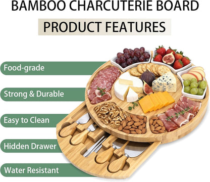 13 Inch Bamboo Cheese Board and Knife Set, Round Charcuterie Boards with Bowls, Cheese Cutting Platter Serving Tray for Housewarming, Party, Picnic, 13” x 1.5”