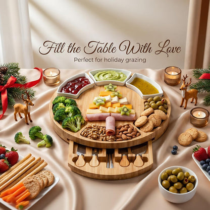 13 Inch Bamboo Cheese Board and Knife Set, Round Charcuterie Boards with Bowls, Cheese Cutting Platter Serving Tray for Housewarming, Party, Picnic, 13” x 1.5”