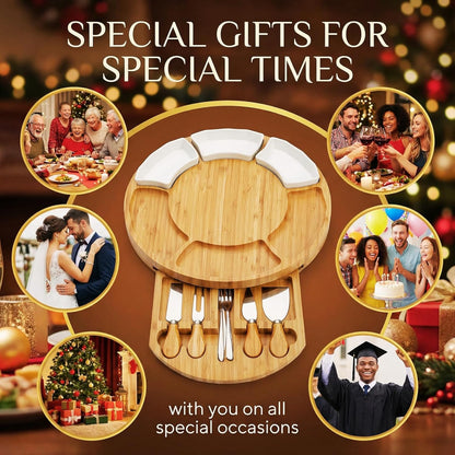 13 Inch Bamboo Cheese Board and Knife Set, Round Charcuterie Boards with Bowls, Cheese Cutting Platter Serving Tray for Housewarming, Party, Picnic, 13” x 1.5”