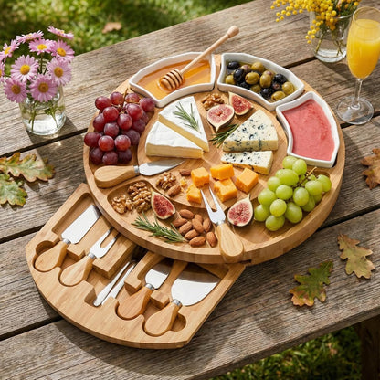 13 Inch Bamboo Cheese Board and Knife Set, Round Charcuterie Boards with Bowls, Cheese Cutting Platter Serving Tray for Housewarming, Party, Picnic, 13” x 1.5”