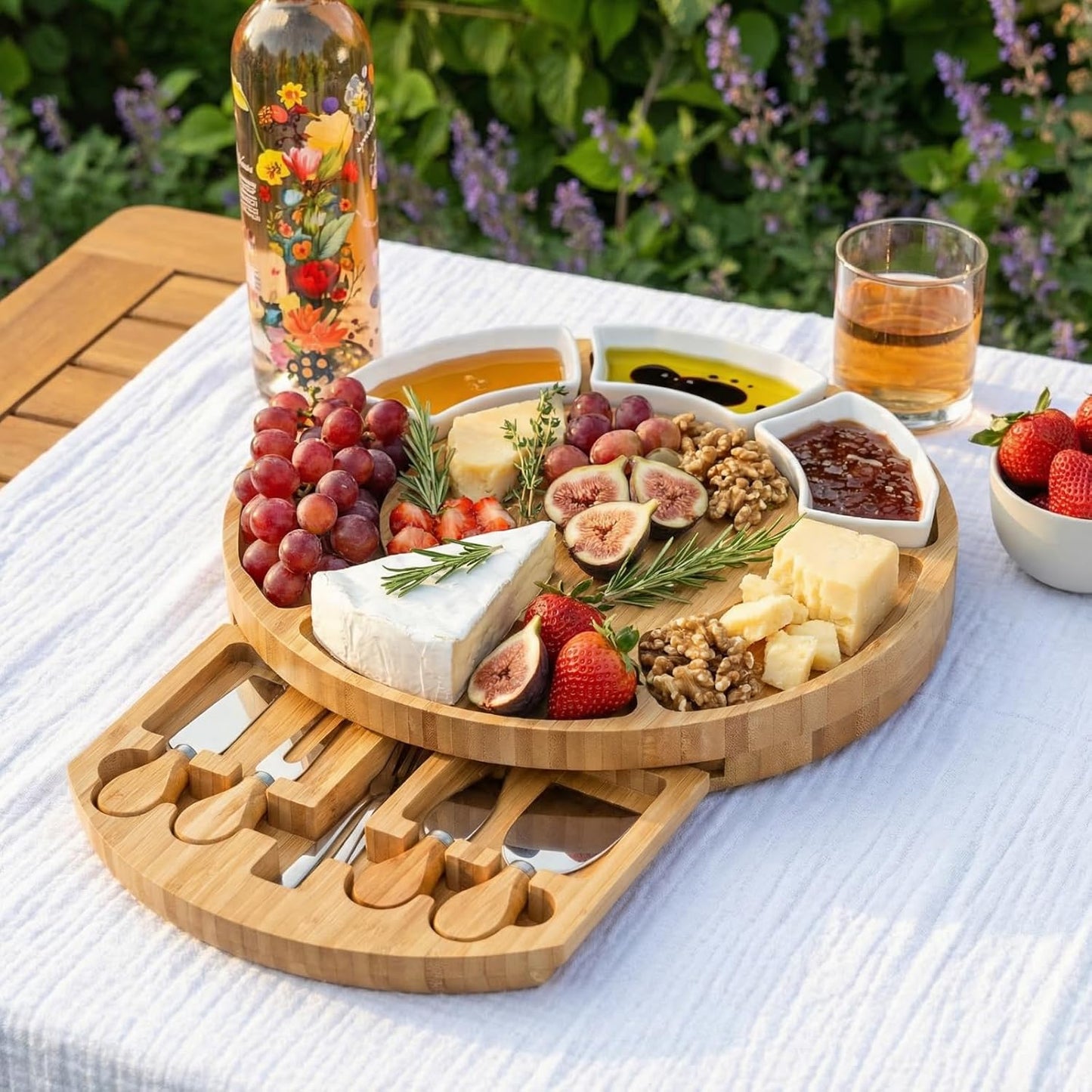 13 Inch Bamboo Cheese Board and Knife Set, Round Charcuterie Boards with Bowls, Cheese Cutting Platter Serving Tray for Housewarming, Party, Picnic, 13” x 1.5”