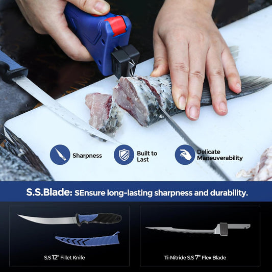 Electric Fillet Knife Cordless Rechargeable for Fishing, with Stainless Steel Blades, 12V High Torque Motor, 2.0Ah Battery, 12" Boning Tool, Includes Charger, Ideal for Filleting & Outdoor Use