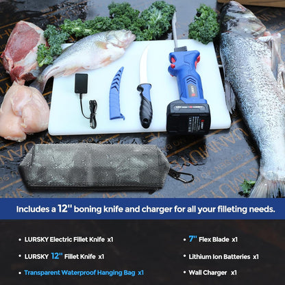 Electric Fillet Knife Cordless Rechargeable for Fishing, with Stainless Steel Blades, 12V High Torque Motor, 2.0Ah Battery, 12" Boning Tool, Includes Charger, Ideal for Filleting & Outdoor Use