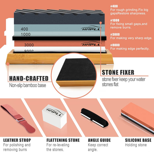 HMPLL Knife Sharpening Stone Set, Professional Whetstone 4 Side Grit 400/1000 3000/8000, Whetstone Knife Sharpener Stone Set Include Non-slip Base, Leather Strop, Flattening Stone & Angle Guide