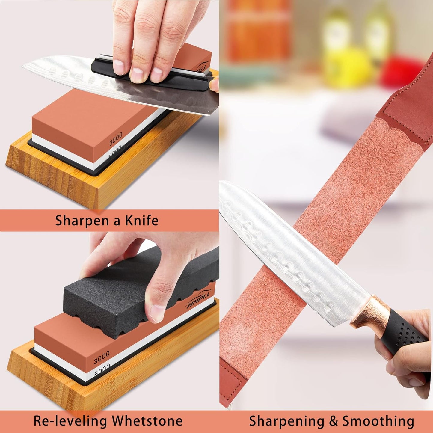HMPLL Knife Sharpening Stone Set, Professional Whetstone 4 Side Grit 400/1000 3000/8000, Whetstone Knife Sharpener Stone Set Include Non-slip Base, Leather Strop, Flattening Stone & Angle Guide