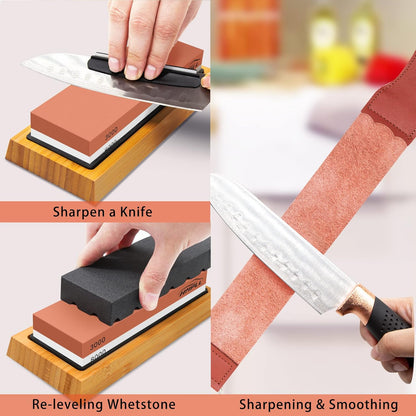 HMPLL Knife Sharpening Stone Set, Professional Whetstone 4 Side Grit 400/1000 3000/8000, Whetstone Knife Sharpener Stone Set Include Non-slip Base, Leather Strop, Flattening Stone & Angle Guide